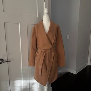 Size small midi-length tan and brown wrap coat